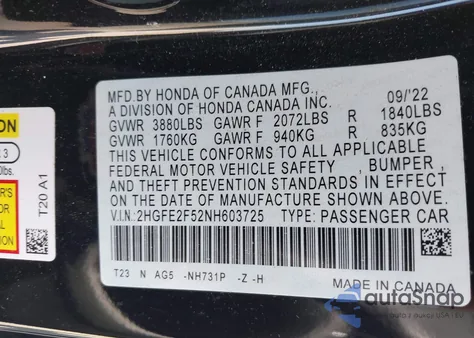 2022 Honda Civic Sport z USA, uszkodzony, nr VIN 2HGFE2F52NH603725